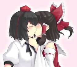 Rule 34 | 2girls, black hair, blush, bow, bowtie, breasts, closed eyes, collared shirt, couple, covered eyes, detached sleeves, faceless, faceless female, female focus, frills, from side, grabbing another&#039;s chin, hair between eyes, hair bow, hair tubes, hakurei reimu, half updo, hand on another&#039;s chin, hat, hat ribbon, isaki (gomi), kiss, multiple girls, neck ribbon, nontraditional miko, outline, pink background, ponytail, puffy sleeves, ribbon, ribbon-trimmed sleeves, ribbon trim, shameimaru aya, shirt, short sleeves, sidelocks, simple background, sleeveless, small breasts, tokin hat, touhou, upper body, wide sleeves, yuri