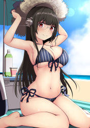 Rule 34 | 1girl, armpits, arms up, bare arms, bare legs, bare shoulders, barefoot, beach, beach umbrella, bikini, black hair, blue sky, blush, bottle, breasts, choukai (kancolle), choukai kai ni (kancolle), cloud, commentary request, cooler, day, front-tie top, glasses, hair ornament, hat, headgear, highres, kantai collection, kuromayu, large breasts, long hair, looking at viewer, navel, outdoors, red eyes, rimless eyewear, sand, side-tie bikini bottom, sky, smile, solo, striped, swimsuit, umbrella