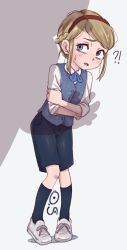 Rule 34 | !?, 1boy, 1girl, artist logo, black shorts, black socks, blonde hair, blue eyes, blue neckerchief, blue shorts, blue vest, blush, child, confused, crossed arms, eyebrows, eyelashes, full body, grey background, hairband, hand on own arm, highres, knees together feet apart, leaning forward, looking at another, looking to the side, neckerchief, nervous, nervous sweating, open mouth, oversleepergirl, red hairband, resident evil, resident evil 2, resident evil 2 (remake), scared, shadow, sherry birkin, shirt, shoes, short hair with long locks, short sleeves, shorts, simple background, sneakers, socks, solo focus, standing, sweat, tiptoes, vest, white footwear, white shirt