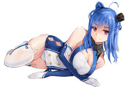 Rule 34 | 1girl, absurdres, ahoge, azur lane, bare shoulders, blue hair, breasts, cleavage, closed mouth, dress, elbow gloves, full body, garter straps, gloves, hair ornament, highres, large breasts, long hair, looking at viewer, lying, no shoes, on side, one side up, panties, pink eyes, qianqiu wanxia, simple background, smile, solo, st. louis (azur lane), thighhighs, thighs, underwear, white background, white dress, white gloves, white panties, white thighhighs