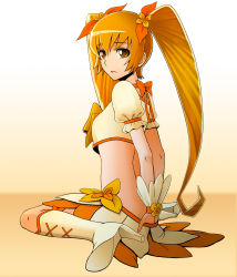 Rule 34 | 10s, 1girl, blonde hair, boots, bow, crop top, cure sunshine, elenab, heartcatch precure!, high heel boots, high heels, highres, knee boots, long hair, looking back, magical girl, midriff, myoudouin itsuki, orange bow, precure, shoes, solo, twintails, wrist cuffs, yellow bow