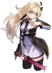 Rule 34 | 1girl, black necktie, blonde hair, breasts, collared dress, cowboy shot, dress, duel monster, green eyes, highres, holding, holding sword, holding weapon, illma, long hair, long sleeves, medium breasts, necktie, sky striker ace - raye, solo, sword, thighhighs, two-tone dress, weapon, white background, yu-gi-oh!