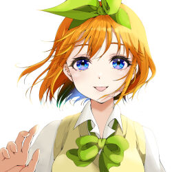 Rule 34 | 1girl, blue eyes, bow, bowtie, collared shirt, go-toubun no hanayome, hair bow, hand up, highres, lavie (cestbonlavie), looking at viewer, nakano yotsuba, open mouth, orange hair, shirt, short hair, smile, solo, upper body, vest, wind