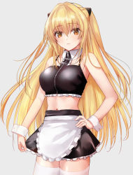 Rule 34 | 1girl, alternate breast size, bad id, bad pixiv id, black skirt, blonde hair, breasts, brown eyes, clothes pull, crop top, hand on own hip, konjiki no yami, large breasts, lips, long hair, looking at viewer, maid, mexif, navel, skirt, skirt pull, solo, thighhighs, to love-ru, to love-ru darkness, white thighhighs, wrist cuffs, zipper, zipper pull tab