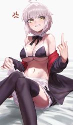 Rule 34 | 1girl, ahoge, anger vein, bare shoulders, bikini, black bow, black bowtie, black jacket, black thighhighs, blush, bow, bowtie, breasts, chorogon, cleavage, clenched teeth, detached collar, fate/grand order, fate (series), feet out of frame, grey hair, hand up, highres, jacket, jeanne d&#039;arc alter (fate), large breasts, long sleeves, maid, middle finger, navel, off shoulder, red jacket, short hair, sitting, solo, stomach, swimsuit, teeth, thighhighs, yellow eyes