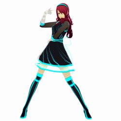 Rule 34 | 1girl, 3d, boots, dress, finger to head, gloves, hair over one eye, hairband, kirijou mitsuru, legs apart, long hair, neon, neon trim, persona, persona 3, persona 3: dancing moon night, persona dancing, red eyes, red hair, solo, thigh boots, thighhighs, white gloves