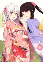 Rule 34 | 2girls, :d, absurdres, black hair, blush, flat chest, floral print, flower, frills, green eyes, hair flower, hair ornament, hair ribbon, hands up, highres, japanese clothes, kimono, long hair, long sleeves, looking at viewer, looking back, multiple girls, obi, one side up, open mouth, original, parted lips, pink flower, pink kimono, pink ribbon, ponytail, purple kimono, red eyes, ribbon, sash, sidelocks, smile, standing, tsuchikure, white flower, white hair, wide sleeves
