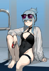 Rule 34 | 1girl, barefoot, blue eyes, blue hair, blush, breasts, can, cleavage, closed mouth, covered navel, drink can, eyewear on head, feet, glasses, glint, gogalking, hair between eyes, highres, holding, jewelry, long hair, long sleeves, looking at viewer, neck ring, open clothes, original, poolside, shirt, sidelocks, sitting, small breasts, soda can, solo, sparkle, sunglasses, swimsuit, thigh strap, white shirt