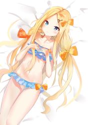Rule 34 | 1girl, abigail williams (fate), absurdres, bare arms, bare shoulders, bed sheet, bikini, blonde hair, blue bikini, blue eyes, blush, bow, breasts, closed mouth, collarbone, commentary request, dutch angle, fate/grand order, fate (series), forehead, hair bow, hair ornament, hands on own chest, hands up, highres, key hair ornament, layered bikini, long hair, looking at viewer, lying, mismatched bikini, navel, on back, orange bow, parted bangs, small breasts, solo, swimsuit, very long hair, white bikini, yukaa