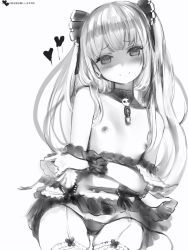 Rule 34 | 1girl, bad id, bad pixiv id, blush, cameltoe, chain, closed mouth, collar, cowboy shot, detached collar, earrings, flat chest, garter straps, greyscale, head tilt, heart, highres, hololive, jewelry, long hair, looking at viewer, monochrome, nanashi (nlo), nipples, panties, shaded face, simple background, skindentation, skull, skull earrings, smile, solo, thighhighs, topless, underwear, uruha rushia, uruha rushia (3rd costume), virtual youtuber, white background