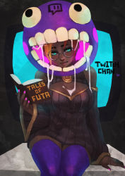 Rule 34 | 1girl, absurdres, animal hat, aqua eyes, bare shoulders, black-framed eyewear, black sweater, book, breasts, character name, cleavage, dark-skinned female, dark skin, detached sleeves, dress, glasses, hat, highres, large breasts, lips, meme attire, monori rogue, nail polish, nose, open-chest sweater, open book, orange hair, pink nails, purple thighhighs, ribbed sweater, round eyewear, sitting, solo, suggestive fluid, sweater, sweater dress, thighhighs, twitch.tv, zettai ryouiki