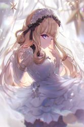 Rule 34 | 1girl, blonde hair, blurry, blurry background, blurry foreground, cagliostro (granblue fantasy), closed mouth, commentary request, depth of field, detached sleeves, dress, finger to mouth, flower, granblue fantasy, hair flower, hair ornament, hand up, highres, kogome (azalea4), long hair, long sleeves, purple eyes, rose, sleeveless, sleeveless dress, solo, very long hair, white dress, white flower, white rose, white sleeves