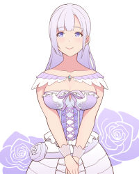 Rule 34 | corset, dead or alive, dead or alive xtreme venus vacation, dress, fiona (doa), flower, konishiki (52siki), long hair, looking at viewer, own hands together, purple dress, purple eyes, purple hair, rose