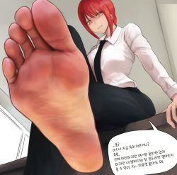 Rule 34 | 1girl, absurdres, barefoot, chainsaw man, crossed legs, feet, foot focus, footer@unyaaan, highres, long hair, looking at viewer, makima (chainsaw man), necktie, parted lips, pov, red hair, sitting, soles, toes, translated, yellow eyes