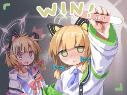 Rule 34 | 2girls, animal ear headphones, animal ears, arm up, bad id, bad twitter id, bags under eyes, blonde hair, blue archive, blue bow, blue necktie, blunt bangs, bow, cat ear headphones, closed mouth, collared shirt, commentary, english text, fake animal ears, green eyes, green halo, halo, hassai, headphones, heart, heart-shaped pupils, highres, implied pregnancy, jacket, long sleeves, low-tied sidelocks, midori (blue archive), momoi (blue archive), multiple girls, necktie, open mouth, pink bow, pink eyes, pink halo, pregnancy test, shirt, short hair, short necktie, siblings, sisters, smile, symbol-shaped pupils, unbuttoned, unbuttoned shirt, undone necktie, upper body, white jacket, wide sleeves
