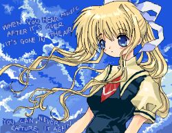 Rule 34 | 00s, air (visual novel), blonde hair, blue eyes, day, english text, hair ribbon, kamio misuzu, lowres, oekaki, ribbon, school uniform, sky, solo, toshi (little-fluffy-cloud)