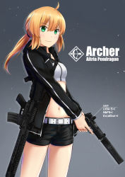 Rule 34 | 1girl, ahoge, alternate hairstyle, artoria pendragon (all), artoria pendragon (fate), artoria pendragon (swimsuit archer) (fate), artoria pendragon (swimsuit archer) (second ascension) (fate), assault rifle, belt, belt buckle, black jacket, black shorts, blonde hair, breasts, buckle, character name, closed mouth, collarbone, commentary request, cowboy shot, fate/grand order, fate/stay night, fate (series), gradient background, green eyes, gun, hair ornament, hair tie, handgun, highres, holding, holding gun, holding weapon, hood, hood down, hooded jacket, hoodie, jacket, long hair, long sleeves, looking at viewer, low ponytail, midriff, navel, open clothes, open hoodie, pistol, rifle, saamon (railgun0522), saber (fate), scope, servant (fate), short shorts, shorts, sidelocks, small breasts, smile, solo, standing, stomach, suppressor, trigger discipline, weapon, white belt