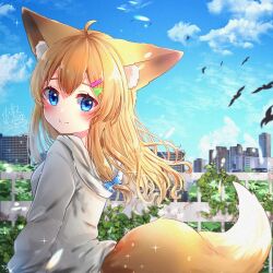 Rule 34 | 1girl, animal ears, bird, blonde hair, blue eyes, blue sky, building, cityscape, fence, fox ears, fox girl, fox tail, grey hoodie, highres, hood, hood down, hoodie, long hair, long sleeves, looking at viewer, michiru donut, original, sky, smile, tail