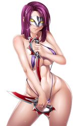 Rule 34 | 00s, 1girl, bare arms, bare shoulders, blush, body blush, breasts, cleavage, collarbone, contrapposto, cowboy shot, curvy, dagger, dual wielding, groin, highres, holding, holding weapon, kagami hirotaka, knife, koukawa oboro, large breasts, lilith-soft, linea alba, lips, lipstick, long hair, looking at viewer, makeup, mask, navel, oboro (taimanin asagi), one-piece swimsuit, parted lips, pink lips, purple hair, purple one-piece swimsuit, shiny skin, short hair, simple background, slingshot swimsuit, solo, standing, stomach, sweat, swimsuit, taimanin (series), taimanin asagi, taimanin asagi kessen arena, underboob, weapon, white background, wide hips