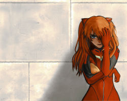 Rule 34 | 1girl, absurdres, artist request, blue eyes, bodysuit, breasts, brown hair, covering face, cowboy shot, hair between eyes, hair ornament, highres, interface headset, kneeling, lips, long hair, looking at viewer, neon genesis evangelion, parted lips, pilot suit, plugsuit, red bodysuit, shiny clothes, skin tight, solo, souryuu asuka langley, standing, thigh gap, two side up, wall, wide hips