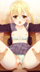 Rule 34 | 1boy, 1girl, aria (koiiroharemoyou), ass, black jacket, blonde hair, blush, bow, bow bra, bra, bra pull, braid, breasts, breasts apart, breasts out, censored, chestnut mouth, classroom, clothes lift, clothes pull, clothing aside, collarbone, commentary, commission, drooling, ecstasy, frilled bra, frills, furrowed brow, green bra, green eyes, green panties, grey skirt, hair between eyes, hetero, highres, indoors, jacket, kariya wakana, looking at viewer, lying, medium hair, miniskirt, missionary, mosaic censoring, mouth drool, nipples, on back, on table, open clothes, open jacket, open mouth, outstretched arms, panties, panties aside, penis, plaid, plaid skirt, pleated skirt, pov, pussy, sanoba witch, school uniform, sex, sidelocks, single braid, skeb commission, skindentation, skirt, skirt lift, small breasts, solo focus, spread arms, spread legs, sweat, table, thigh grab, underwear, vaginal