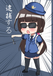 Rule 34 | 10s, 1girl, :o, black-framed eyewear, black footwear, black thighhighs, blue hat, blue jacket, blue necktie, blue skirt, blunt bangs, blush, bowler hat, brown hair, collared shirt, cuffs, emphasis lines, full body, hand on own hip, handcuffs, hat, highres, hinatsuru ai, holding, jacket, loafers, long hair, low twintails, necktie, open mouth, pencil skirt, police, police uniform, policewoman, ryuuou no oshigoto!, shirt, shoes, short sleeves, skirt, solo, standing, sunglasses, thighhighs, translated, twintails, ty kaede, uniform, very long hair, white shirt