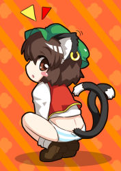 Rule 34 | 1girl, animal ears, bad id, bad pixiv id, blush stickers, brown eyes, brown hair, cat ears, cat girl, cat tail, chen, chibi, ear piercing, earrings, female focus, hat, jewelry, looking back, mesou-san, multiple tails, nekomata, no pants, open mouth, panties, piercing, shirt, short hair, solo, squatting, striped clothes, striped panties, tail, touhou, underwear, vest
