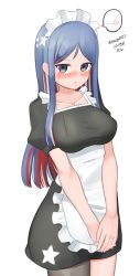 Rule 34 | 1girl, absurdres, alternate costume, apron, asymmetrical legwear, black dress, black thighhighs, blue hair, breasts, cowboy shot, dated, dress, enmaided, frilled apron, frills, highres, kantai collection, large breasts, long hair, looking at viewer, maid, maid headdress, maru (marg0613), multicolored hair, one-hour drawing challenge, print hair, red hair, simple background, single thighhigh, solo, south dakota (kancolle), spoken blush, star (symbol), thighhighs, twitter username, uneven legwear, white apron, white background, white hair
