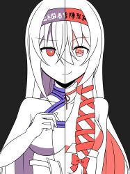 Rule 34 | 2girls, absurdres, black background, closed mouth, commentary, diamond-shaped pupils, diamond (shape), hand up, headband, highres, kageuchi kuji kanesada (tenka hyakken), kuji kanesada (tenka hyakken), long hair, multiple girls, nofa, purple ribbon, purple theme, red eyes, red ribbon, red theme, ribbon, sidelocks, smile, split theme, straight-on, symbol-shaped pupils, tenka hyakken, upper body