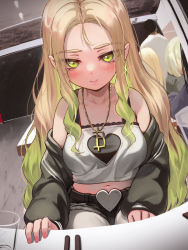 Rule 34 | 1girl, black jacket, blonde hair, blush, closed mouth, commentary request, earrings, fingernails, gradient hair, green eyes, green hair, heart, highres, iruka blue (torriet), jacket, jewelry, long hair, long sleeves, looking at viewer, midriff, multicolored hair, nail polish, navel, original, pendant, pink nails, revision, shirt, sitting, smile, solo focus, torriet, two-tone hair, white shirt