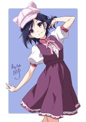 Rule 34 | 1girl, arm up, blue background, blue hair, border, center frills, closed mouth, collared shirt, commentary, dark blue hair, dated, dress, feet out of frame, frilled shirt, frills, hat, hat with ears, high-waist dress, highres, leaning back, looking at viewer, medium dress, neck ribbon, nii manabu, original, outside border, outstretched arm, pink hat, pink ribbon, plaid collar, puffy short sleeves, puffy sleeves, purple dress, purple eyes, ribbon, shirt, short hair, short sleeves, signature, simple background, smile, solo, split mouth, standing, strapless, strapless dress, walking, white border, white shirt