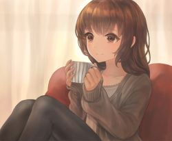 Rule 34 | 1girl, bad id, bad pixiv id, black pantyhose, brown eyes, brown hair, chair, closed mouth, cup, curtains, from side, holding, long hair, long sleeves, looking away, matching hair/eyes, md5 mismatch, mug, okakan, original, pantyhose, sitting, sleeves past wrists, smile, solo