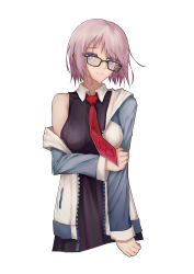 Rule 34 | 1girl, 3:, absurdres, arm grab, bare shoulders, black-framed eyewear, black dress, breasts, closed mouth, collared dress, colored eyelashes, cropped legs, crying, crying with eyes open, dress, fate/grand order, fate (series), glasses, head tilt, highres, jacket, large breasts, light purple hair, long sleeves, looking at viewer, mash kyrielight, necktie, off shoulder, open clothes, open jacket, print necktie, purple eyes, red necktie, simple background, solo, tears, white background, wing collar, yashi kano ko, zipper