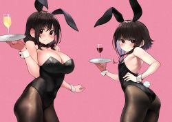 Rule 34 | 2girls, alternate costume, animal ears, ass, bare arms, bare shoulders, black bow, black bowtie, blush, bow, bowtie, braid, breasts, brown hair, brown legwear, cleavage, commentary request, cowboy shot, cup, drinking glass, fake animal ears, from behind, glass, hair bow, hand on own hip, highres, holding, holding tray, izawa (bhive003), kono subarashii sekai ni shukufuku wo!, large breasts, leotard, long hair, looking at viewer, medium hair, megumin, multiple girls, open mouth, pantyhose, pink background, playboy bunny, rabbit ears, red bow, red eyes, shiny clothes, simple background, small breasts, smile, tray, wine glass, wrist cuffs, yunyun (konosuba)