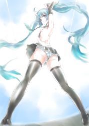 Rule 34 | 1girl, absurdres, aqua eyes, aqua hair, arms up, ass, backless outfit, elbow gloves, from below, gloves, hatsune miku, highres, kowiru, long hair, long legs, necktie, no bra, panties, solo, striped clothes, striped panties, thighhighs, twintails, underwear, upskirt, very long hair, vocaloid