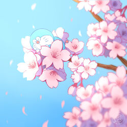 Rule 34 | blue background, blue sky, cherry blossoms, closed eyes, day, doraemon, doraemon (character), falling petals, in tree, logo, lying, mini person, miniboy, nature, outdoors, petals, sky, sleeping, solo, sumi (user evka8372), tree