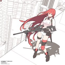 Rule 34 | belt, bird, black gloves, blue eyes, boots, breasts, building, circle a, fingerless gloves, full body, girls&#039; frontline, gloves, gun, hair between eyes, holding, holding gun, holding weapon, long hair, looking at viewer, midriff, parted lips, red hair, red socks, rifle, shorts, silhouette, skyscraper, sniper rifle, socks, t-5000 (girls&#039; frontline), thigh strap, very long hair, weapon