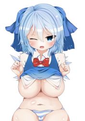 Rule 34 | 1girl, absurdres, areola slip, bad id, bad twitter id, belly, blue eyes, blue hair, blush, bow, breasts, cirno, hair bow, highres, huge breasts, ice, ice wings, looking at viewer, matching hair/eyes, navel, nipples, one eye closed, open mouth, oppai loli, panties, plump, see-through, solo, striped clothes, striped panties, takimoto yukari, touhou, underwear, white background, wings