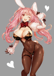 Rule 34 | 1girl, ;d, absurdres, ahoge, animal ears, apt, arm up, black gloves, blush, bow, bowtie, breasts, bunny day, cleavage, commentary request, covered navel, frilled sleeves, frills, gloves, grey background, hand on own ear, heart, highres, juliet sleeves, large breasts, leg up, leotard, long hair, long sleeves, one eye closed, open mouth, original, pantyhose, pink hair, playboy bunny, puffy sleeves, rabbit ears, rabbit girl, rabbit tail, red bow, red bowtie, red eyes, round teeth, shrug (clothing), simple background, smile, solo, standing, standing on one leg, strapless, tail, teeth, thigh strap, thong, twintails, upper teeth only