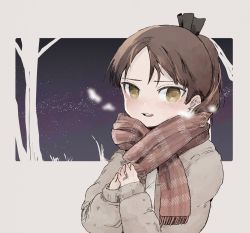 Rule 34 | 1girl, alternate costume, blush, breath, brown hair, brown jacket, hair ribbon, highres, jacket, jewelry, kantai collection, looking at viewer, open mouth, own hands together, ponytail, red scarf, ribbon, ring, scarf, shikinami (kancolle), simple background, solo, tori knkr, upper body, wedding band, yellow eyes