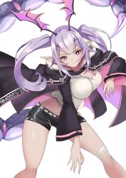 Rule 34 | 1girl, arknights, bad id, bad twitter id, bandaged leg, bandages, black jacket, black shorts, blue nails, breasts, commentary request, crop top, hair ornament, hairclip, head wings, jacket, large breasts, long hair, long sleeves, manticore (arknights), midriff, nail polish, open clothes, open jacket, pink eyes, pointy ears, purple hair, scorpion tail, shirt, short shorts, shorts, simple background, solo, standing, stomach, tail, thighs, twintails, white background, white shirt, wide sleeves, wings, yuzuruka (bougainvillea)