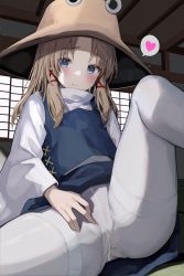 Rule 34 | 1girl, absurdres, ass, blonde hair, blue eyes, commentary request, hair ribbon, hat, highres, indoors, light smile, looking at viewer, mamemochi, moriya suwako, pantyhose, ribbon, sliding doors, solo, spread legs, tatami, tights day, touhou, window