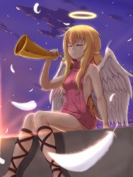 Rule 34 | 10s, 1girl, angel, blonde hair, blurry, blush, breasts, closed mouth, cloud, depth of field, closed eyes, feathers, gabriel dropout, gabriel tenma white, hair between eyes, halo, highres, horn (instrument), horns, kannazuki kenji, knees together feet apart, long hair, meme attire, outdoors, pink sweater, single horn, sitting, small breasts, smile, solo, sunset, sweater, turtleneck, turtleneck sweater, very long hair, virgin killer sweater, white wings, wings