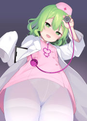 Rule 34 | blush, bright pupils, buttons, clipboard, commentary request, dutch angle, from below, green eyes, green hair, hat, highres, komeiji koishi, lab coat, long sleeves, looking at viewer, nurse, nurse cap, open mouth, panties, panties under pantyhose, pantyhose, pantyshot, saryuu (iriomote), sidelocks, sleeves past fingers, sleeves past wrists, smile, standing, stethoscope, teeth, third eye, touhou, underwear, white pantyhose, white pupils