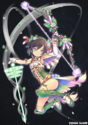 Rule 34 | 1girl, armpits, arrow (projectile), black background, black hair, blue eyes, blush, bow (weapon), full body, head tilt, holding, holding weapon, last summoner, looking at viewer, official art, piro (orip), robin hood (last summoner), short hair, simple background, solo, thigh strap, weapon