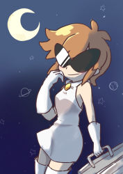 Rule 34 | 1girl, bare shoulders, blush, briefcase, brown hair, closed mouth, crescent moon, dress, glasses, gloves, hand on own face, highres, holding, holding briefcase, moon, night, night sky, nintendo, orbulon, planet, short hair, sky, sleeveless, sleeveless dress, smile, warioware, white dress, white gloves, white legwear