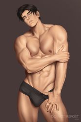 Rule 34 | 1boy, abs, absurdres, artist name, bara, batman (series), black hair, blue eyes, bulge, dc comics, dick grayson, highres, hyorasei, large pectorals, looking at viewer, male focus, muscular, muscular male, navel, nipples, parted lips, pectorals, short hair, simple background, solo, thick thighs, thighs