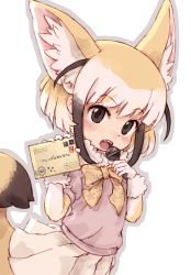 Rule 34 | 10s, 1girl, animal ears, black eyes, bow, bowtie, commentary request, fennec (kemono friends), floral print, furry, furry female, gloves, highres, holding, holding letter, holding microphone, kemono friends, kolshica, letter, microphone, open mouth, pink shirt, pleated skirt, print bow, shirt, simple background, skirt, solo, tail, white gloves, white shirt, white skirt, yellow bow