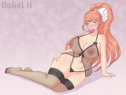 Rule 34 | 1girl, absurdres, artist name, black footwear, black panties, black thighhighs, blush, breasts, cleavage, collarbone, condom, condom in mouth, condom wrapper, danganronpa (series), danganronpa 3 (anime), eyelashes, feet, fingernails, full body, gradient background, green eyes, halterneck, hand on own ass, hand on own hip, highres, large breasts, leaning back, legs, lingerie, long hair, looking at viewer, mouth hold, navel, nipples, nipples visible through clothes, nose, onkelhhh, orange hair, panties, ponytail, see-through, see-through legwear, see-through shirt, signature, simple background, thighhighs, thong, toes, underwear, white headdress, yukizome chisa