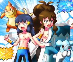 Rule 34 | 2girls, angry, blue eyes, blue hair, blush, breasts, breasts apart, brown hair, brycen (pokemon), buizel, cosplay, cowboy shot, crasher wake, creatures (company), cubchoo, dawn (pokemon), game freak, gen 4 pokemon, gen 5 pokemon, gym leader, hilda (pokemon), long hair, multiple girls, nintendo, one breast out, open mouth, pokemon, pokemon bw, rorretsim, small areolae, small breasts, small nipples, standing, star (symbol), topless